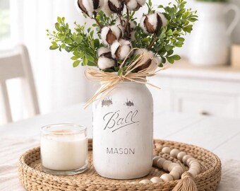 Rustic Mason Jar Cotton Stem Arrangement, Farmhouse Shelf Decor