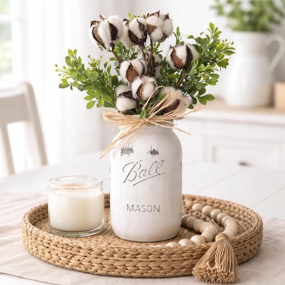 Rustic Mason Jar Cotton Stem Arrangement, Farmhouse Shelf Decor