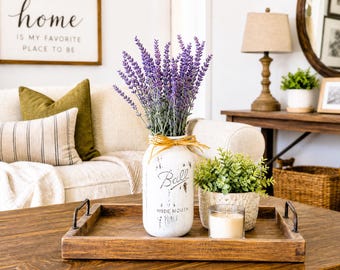 Distressed White Mason Jar Lavender Arrangement, Farmhouse Living Room Decor