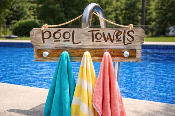 Personalized Pool Towel Rack with Hooks, Outdoor Towel Holder, Beach House Decor
