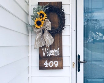 Spring Wreath Decor, Sunflower eucalyptus wreath, Sign For Front Door House Number Sign, Address Sign for House