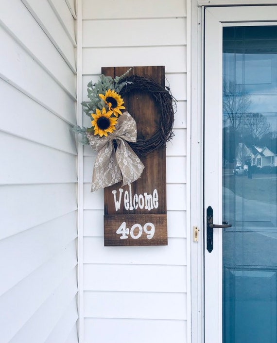 Spring Wreath Decor, Sunflower eucalyptus wreath, Sign For Front Door House Number Sign, Address Sign for House