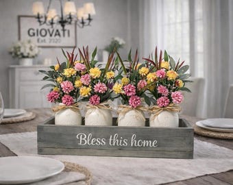 Farmhouse Wood Box Centerpiece, Artificial Flowers, Rustic Table Decor