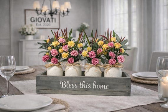 Farmhouse Jar Decor: Personalized Wood Box Centerpiece with Artificial Flowers