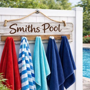 Personalized Pool Towel Rack with Hooks, Outdoor Pool Sign, Beach House Decor