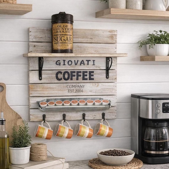 Personalized Coffee Cup Holder Rack, Rustic Wood Mug Rack Wall, Farmhouse Kitchen Shelf Decor