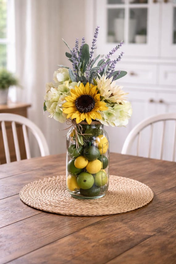 Lemon mason jar flower arrangement with sunflower, farmhouse kitchen spring decor