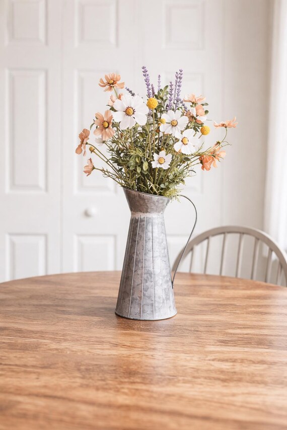 Spring Faux Flower Centerpiece: Farmhouse Tin Pitcher Vase