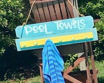 Rustic Pool Towel Rack: Hand-painted Beach Decor With Hooks