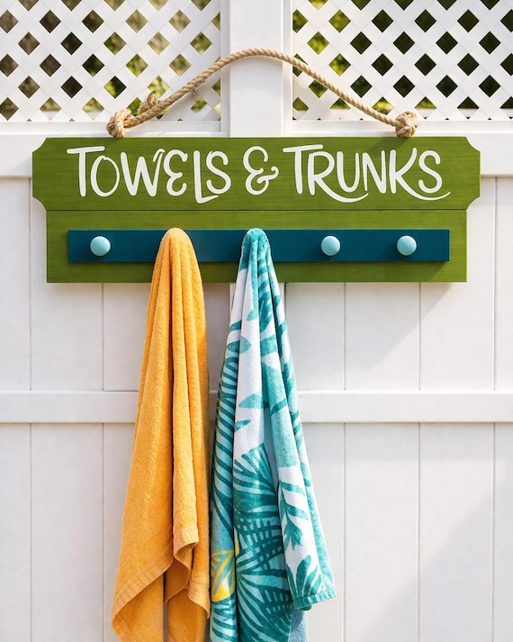 Personalized Pool Towel Rack: Rustic Wood Sign with Hooks