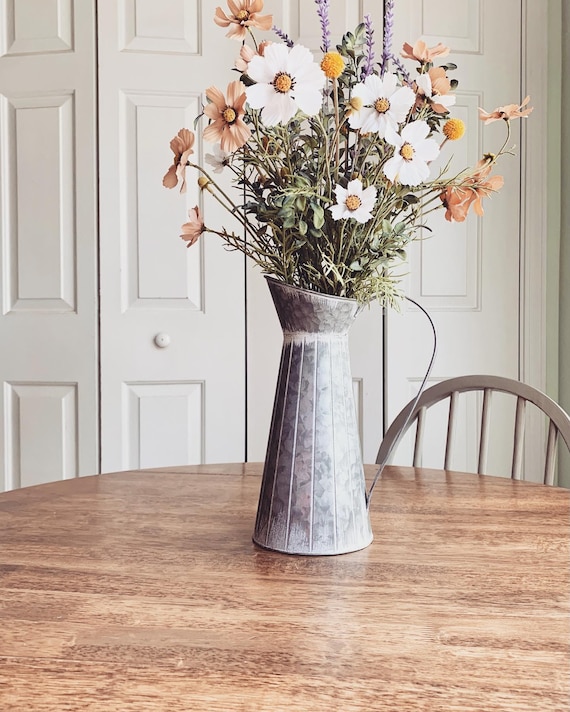 Rustic Artificial Wildflower Arrangement in a Galvanized Metal Pitcher, Farmhouse Floral Decor, Cottagecore Centerpiece, Modern Decor