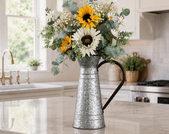 Galvanized Metal Pitcher Arrangement | Sunflowers, Daisies, Eucalyptus Farmhouse Decor