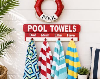 Personalized Pool Towel Rack: Rustic Wood Sign with Hooks