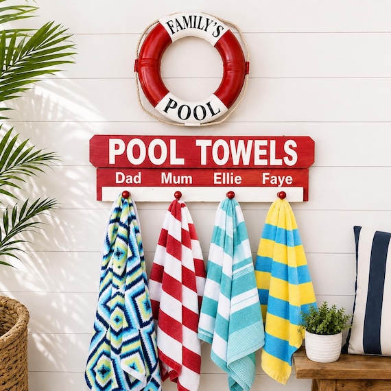 Personalized Pool Towel Rack: Rustic Wood Sign with Hooks
