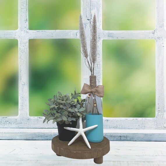 Wooden Riser Decorative Tray with Glass Vase Bottle, Greenery, and Starfish, New Home Housewarming Gift for Her