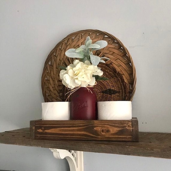 Farmhouse Bathroom Decor: Wooden Toilet Paper Holder Tray with Mason Jar