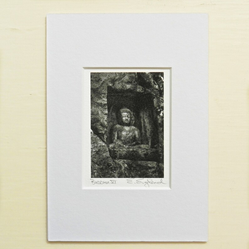 Matted Buddha Print Wall Art Miniature Zen Black White Photography Buddhist Stone Asian Buddah