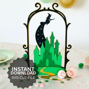 Wicked SVG Wicked Cake Topper Emerald City Download digitale Decorazioni per feste Wicked Carta artigianale Strato Scopa volante Strega Mago di Oz file di taglio