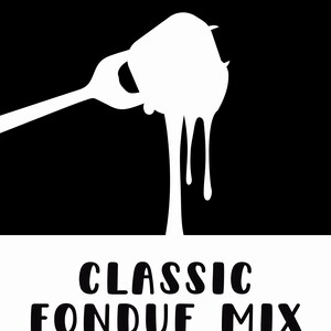 May include: Black and white graphic of a fondue pot with dripping cheese, a fork, and the text "Urban Cheesecraft." The label reads "Classic Fondue Mix," vegan, gluten-free, and top 8 allergen-free. Net weight is 12 oz (340g).
