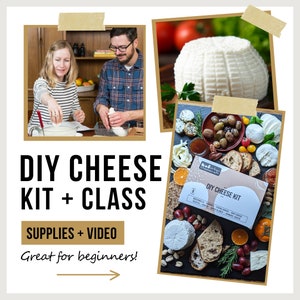 diy cheese kit and class supplies and video included great for beginners. couple shown making cheese on a date night. wheel of fresh cheese made in class. deluxe cheesemaking kit on slate board surrounded by custom charcuterie board pairings.