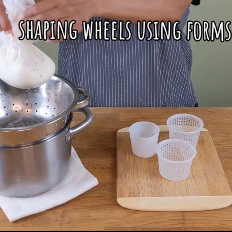 shot of urban cheesecraft cheesemaker shaping wheels of fresh cheese in beginners cheesemaking online class video. three plastic wheel forms are on wood board awaiting curd she is draining in a cheese cloth and colander next to them.