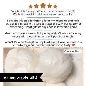 May include: A close-up of fresh, white cheese. The image includes customer reviews and the text "A memorable gift!" The cheese appears soft and creamy, suggesting a homemade or artisanal product.