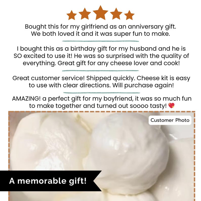 May include: A close-up of fresh, white cheese. The image includes customer reviews and the text "A memorable gift!" The cheese appears soft and creamy, suggesting a homemade or artisanal product.