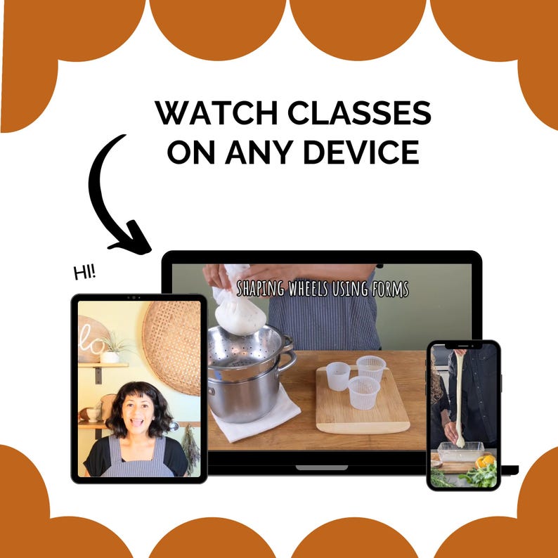 May include: Image showing a laptop, tablet, and smartphone displaying cooking classes. The laptop screen shows someone shaping wheels using forms. The tablet says "Hi!" and the smartphone shows a person cooking.
