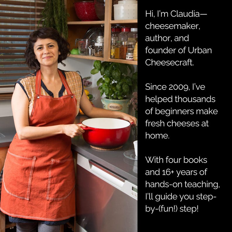 May include: A woman wearing an orange apron holds a red pot in a kitchen. Text on the right says "Hi, I'm Claudia - cheesemaker, author, and founder of Urban Cheesecraft."