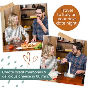 young couple making cheese together drinking wine, tasting mozzarella, making caprese salad.  Call out says create great memories and delicious cheese in 60 minutes.