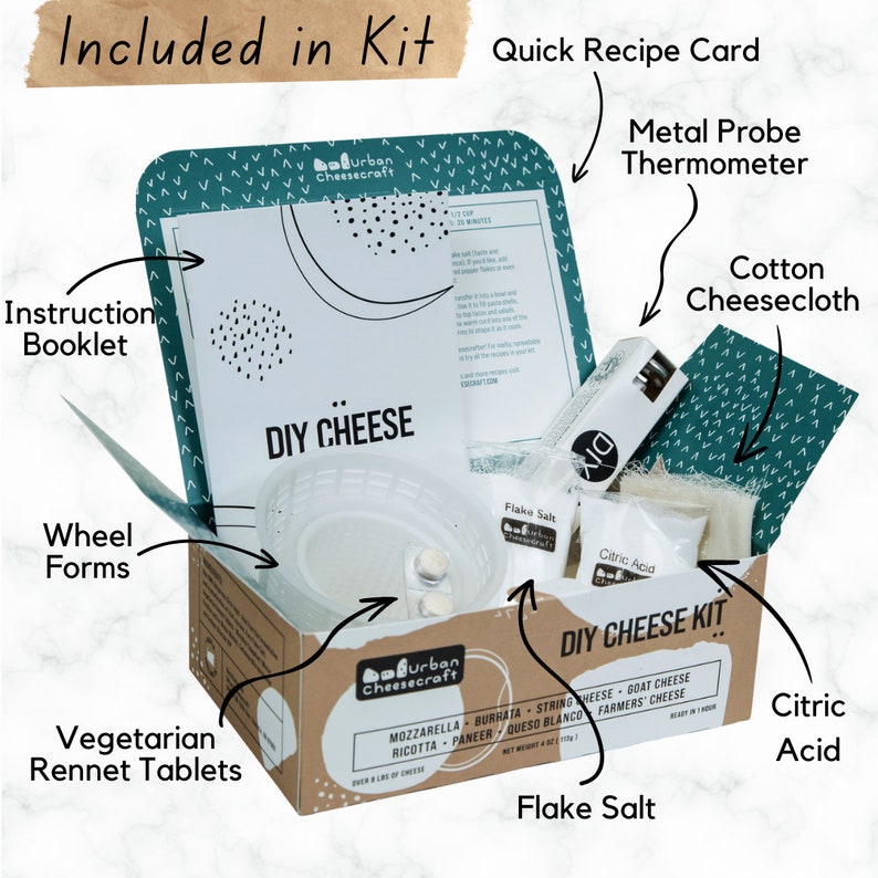 May include: A DIY cheese kit with all the ingredients and tools needed to make your own cheese at home. The kit includes a recipe card, wheel forms, rennet tablets, cheesecloth, citric acid, flake salt, and a metal probe thermometer.