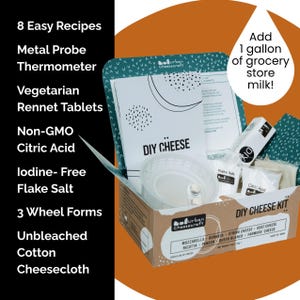 May include: A DIY cheese kit with a metal probe thermometer, vegetarian rennet tablets, and citric acid. The kit includes 3 wheel forms and unbleached cotton cheesecloth. The box also contains 8 easy recipes and instructions to add 1 gallon of grocery store milk.