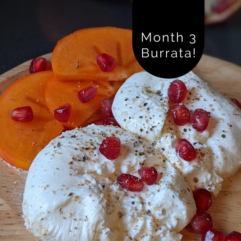 May include: A wooden plate holds sliced orange persimmon, white burrata cheese sprinkled with herbs and pepper, and scattered pomegranate seeds. The image includes the text "Month 3 Burrata!"