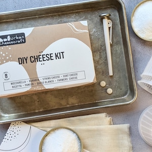 DIY cheese making kit box urban cheesecraft make 8 batches mozzarella burrata string cheese goat ricotta paneer queso blanco farmers metal probe thermometer wheel molds forms vegetarian rennet tablets flake salt citric acid cheesecloth butter muslin