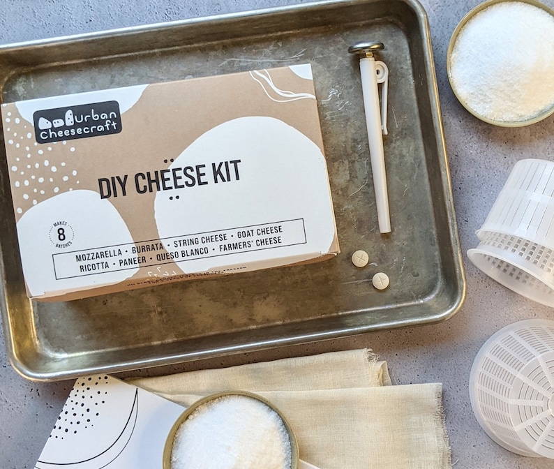 DIY cheese making kit box urban cheesecraft make 8 batches mozzarella burrata string cheese goat ricotta paneer queso blanco farmers metal probe thermometer wheel molds forms vegetarian rennet tablets flake salt citric acid cheesecloth butter muslin