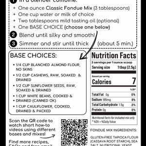 May include: A black and white label for Urban Cheesecraft Classic Fondue Mix, with instructions and nutrition facts. The label includes a QR code for how-to videos and a list of ingredients, including gluten-free tapioca flour and porcini mushrooms.