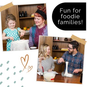 May include: A collage of three photos showing a family cooking together. The text "Fun for foodie families!" is in a black circle. The photos show a mother and daughter, and a couple, preparing food in a kitchen.