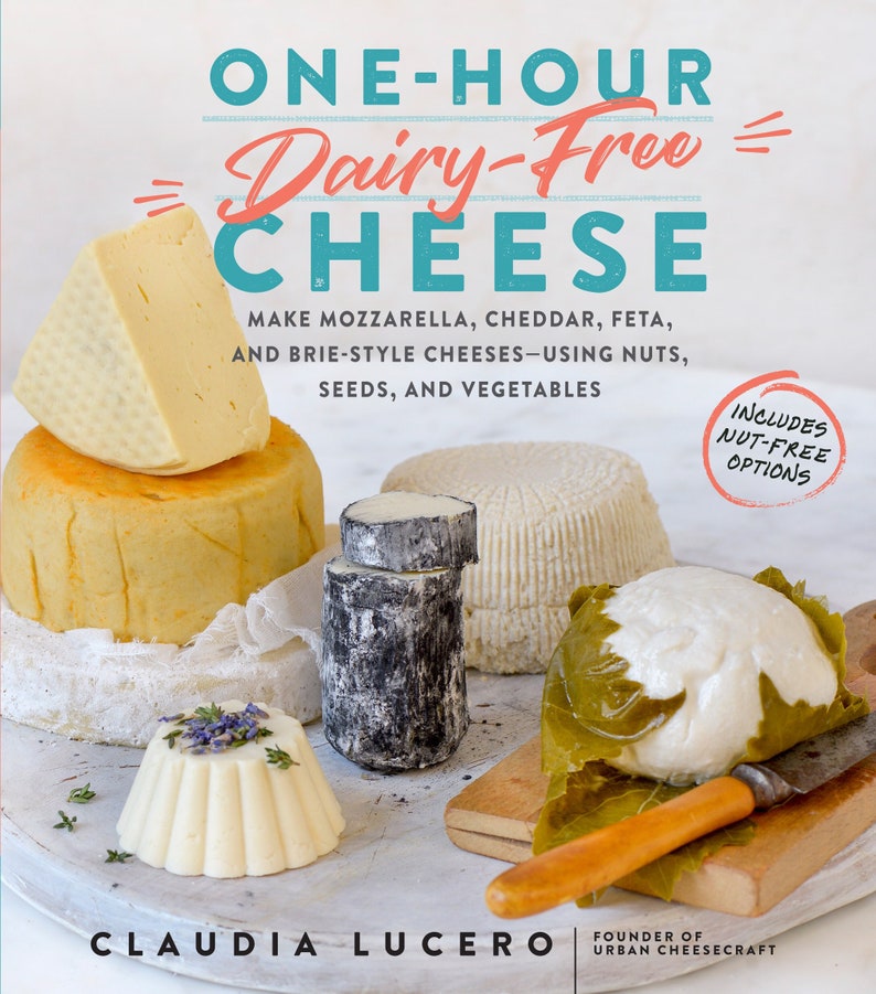 cover of one hour dairy free cheese making cook book featuring a platter of vegan plant based cheeses brie chevre cheddar swiss mozzarella ricotta colorful rinds cheesecloth garnishes on marble board says nut free options choose nuts seeds vegetables