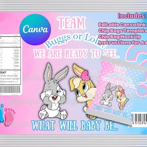 May include: Pink and blue gender reveal party favor bags with a cartoon image of Bugs Bunny and Lola Bunny. The bags have the text "Team Bugs or Lola? We are ready to see... What will baby be..." printed on them.