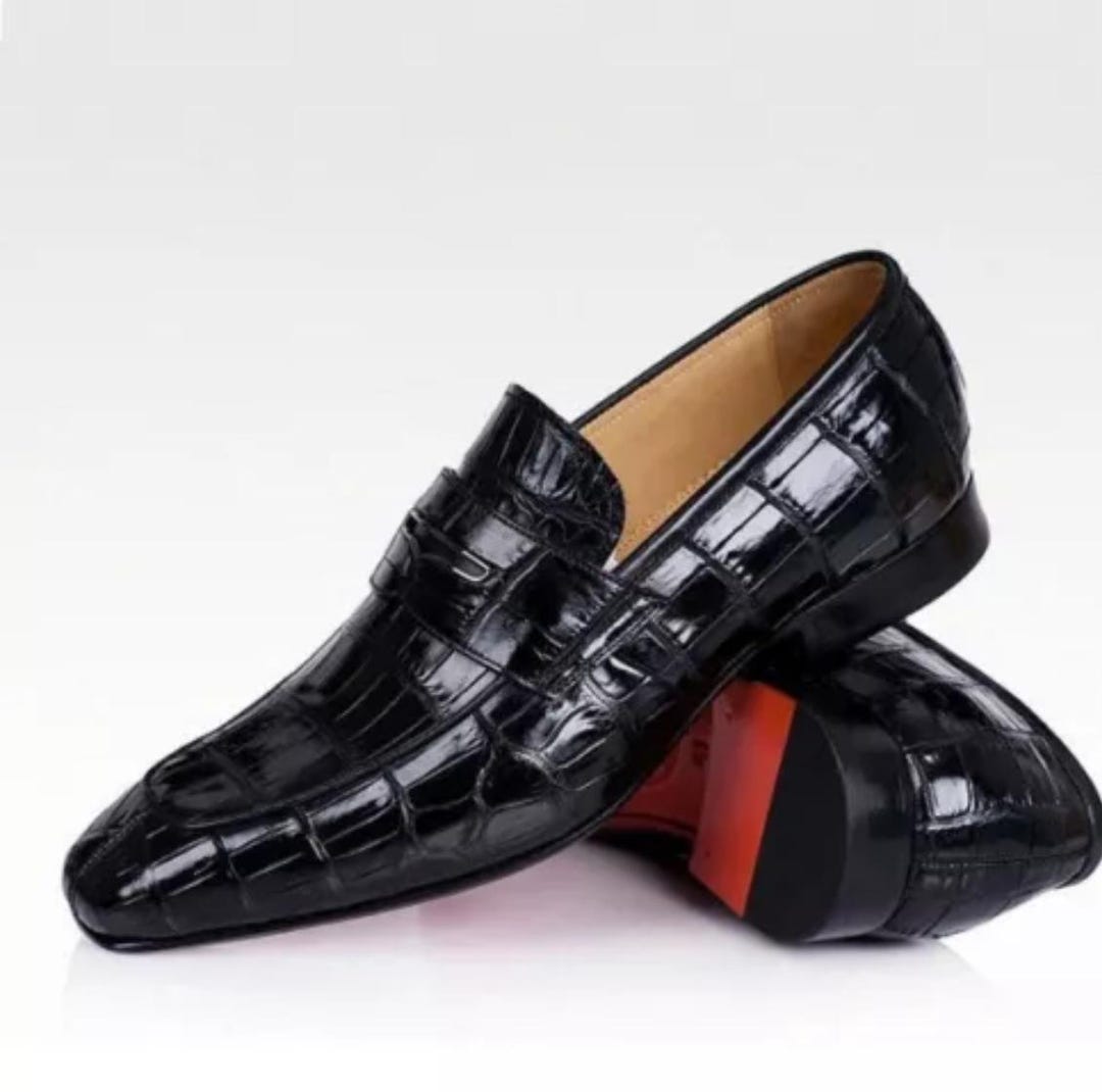 Handmade men brown leather crocodile shoes, formal dress moccasin for mens main image 1