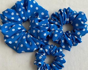 Handmade Blue And White Polka Dot Scrunchies: Elegant Hair Accessory
