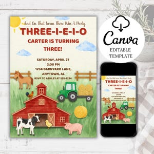 Three-I-E-I-O ファーム誕生日招待状 | 3歳の誕生日農業招待状 | 編集可能なCanva幼児トラクター誕生日