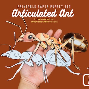 Puede incluir: Un juego de marionetas de papel imprimibles con una hormiga articulada, en versiones pre-coloreadas y en blanco y negro. La imagen muestra una marioneta de hormiga coloreada y una versión sin colorear. El texto incluye "Articulated Ant" y "PDF Format 300 DPI".