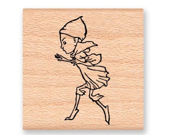 May include: A wooden stamp featuring a black line drawing of a person running. The person is wearing a hat and a long coat.