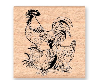 CHICKEN RUBBER STAMP~Rooster and Hens~Vintage Farm Stamp~Wood Mounted Rubber Stamp by Mountainside Crafts (15-21)