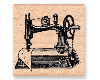 May include: A black and white illustration of a vintage sewing machine. The machine is depicted on a light brown wooden block, showcasing its intricate details, including the needle, wheel, and base.