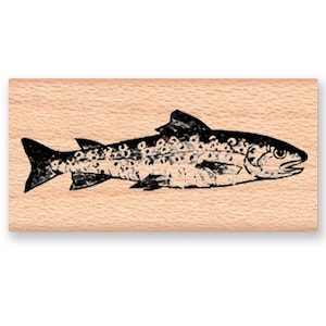 FISH STAMP TROUT~ Salmon~Fishing Stamp~lake fish~great lakes~fly fishing~father~dad~love to fish~lake life~lodge~cabin~wood mounted (22-36)