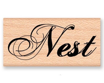 NEST~word~script font~birds nest~wood mounted rubber stamp (26-16)