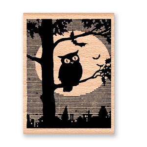 Halloween Owl Rubber Stamp~Owl in Tree with Moon Sillhouette~Halloween Bat Stamp~Fall Autumn ~Treet Bag Party ~Mountainside Crafts (17-15)