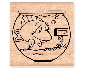 Goldfish in Fishbowl Rubber Stamp~Goldfish waiting for Mail~Please Writer~ Miss You~Wood mounted rubber stamp by Mountainside Crafts (04-19)